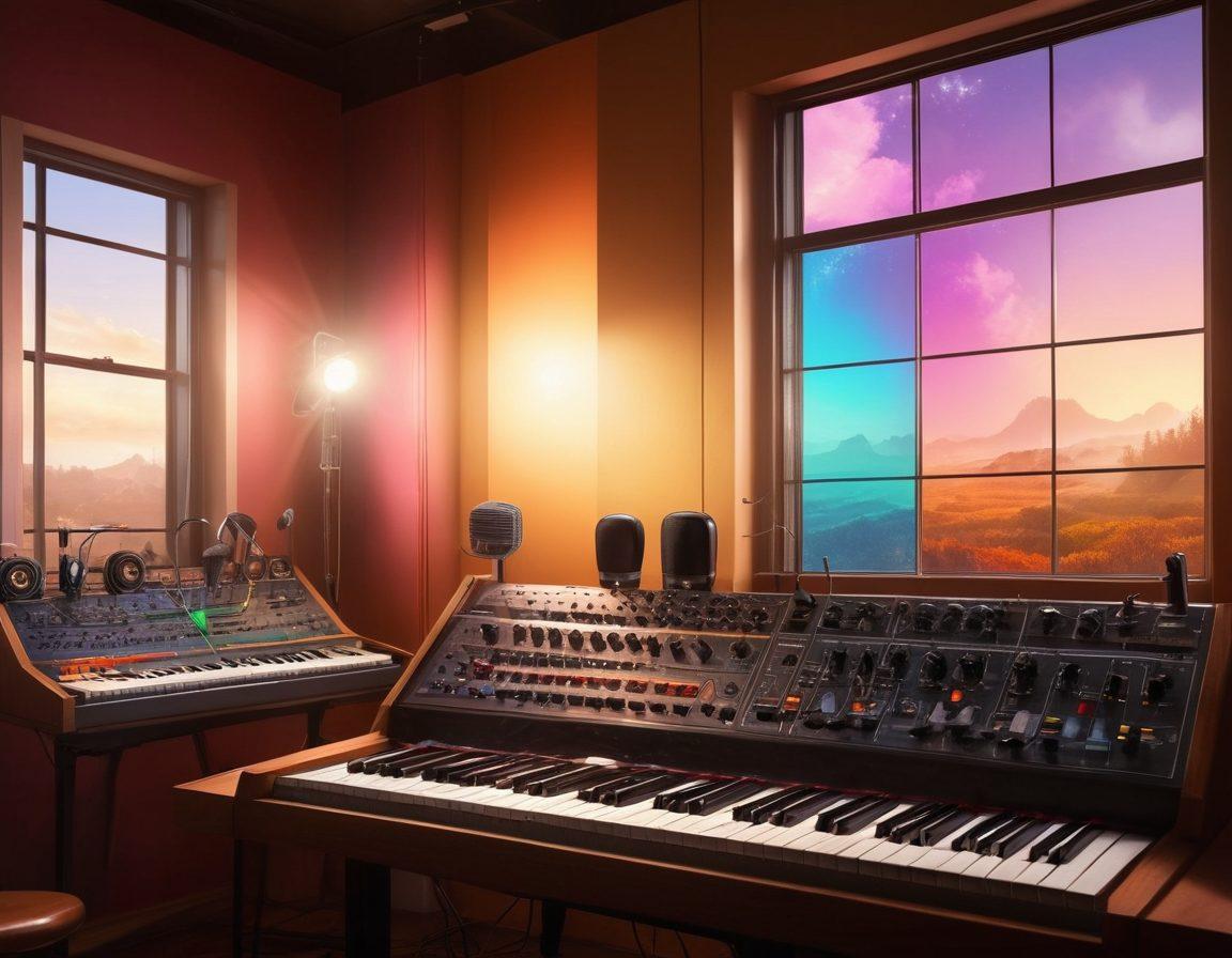 A serene studio setting showcasing a diverse group of voice artists passionately practicing their craft, surrounded by microphones, sound equipment, and colorful soundwave visuals. The atmosphere should evoke creativity and warmth, with hints of musical notes floating in the air. Include a large window with soft natural light streaming in. super-realistic. vibrant colors. warm tones.