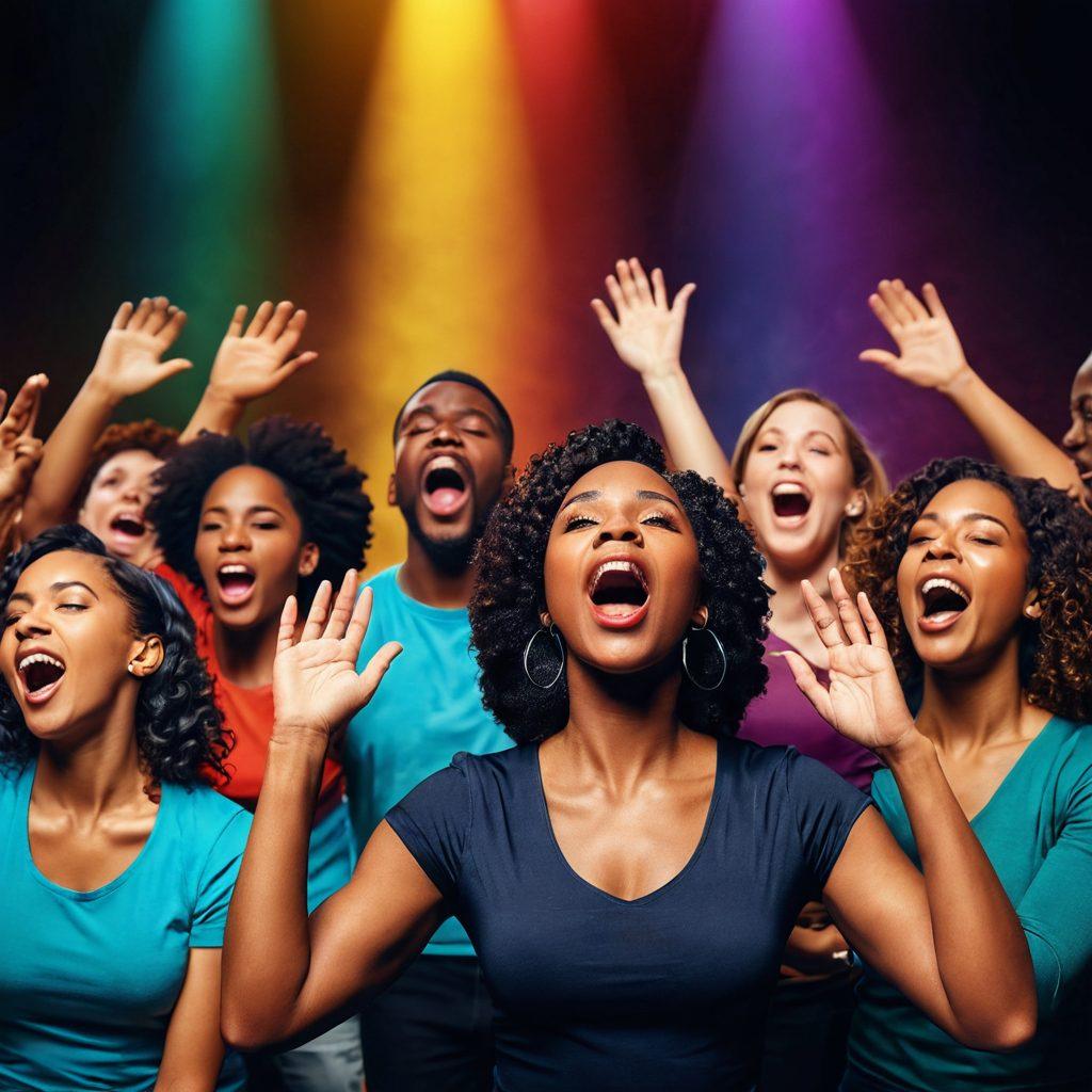 A dynamic scene depicting a diverse group of individuals on stage, passionately engaging in vocal exercises. Include visual sound waves emanating from their mouths, highlighting the power of communication. Incorporate vibrant colors and an audience applauding in the background, giving an atmosphere of inspiration and energy. The stage should be well-lit, showcasing a dramatic backdrop. super-realistic. vibrant colors. 3D.