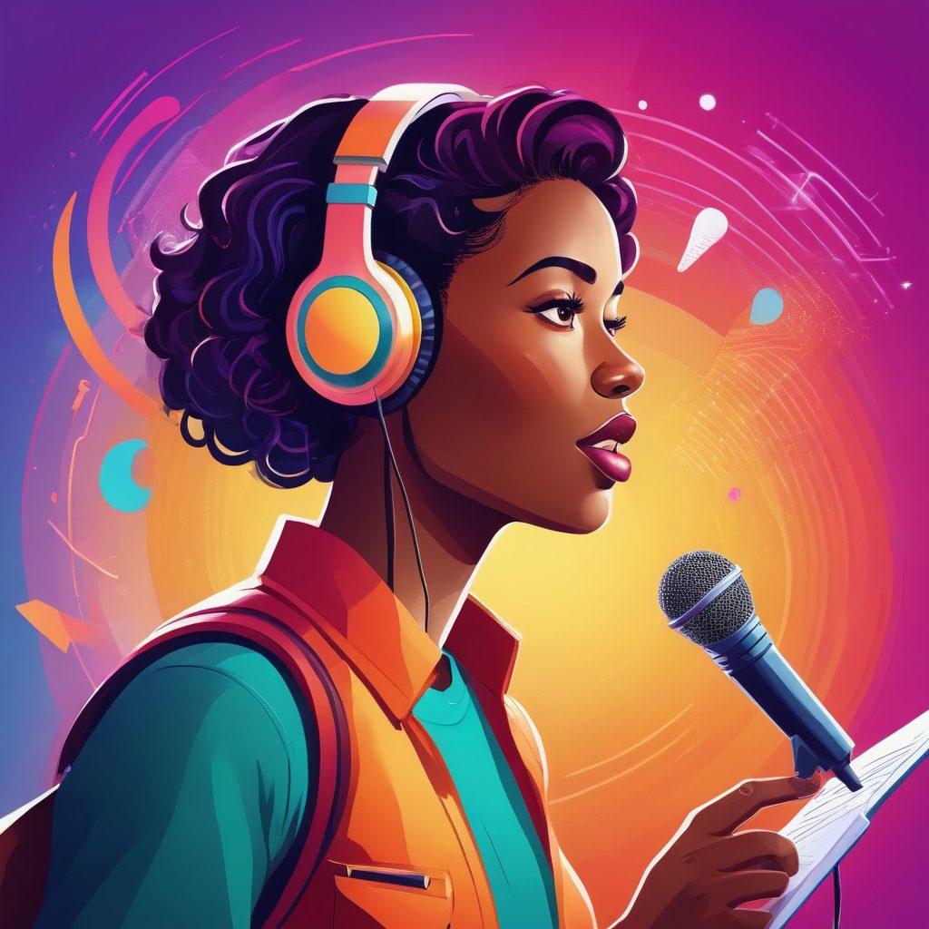 A vibrant illustration of a person confidently speaking into a microphone, with sound waves radiating around them, symbolizing the power of voice. In the background, various communication tools like a headset, notebook, and a digital recording setup highlight the theme of mastering voiceover techniques. Include warm and inviting colors to evoke a sense of empowerment and creativity. vector art. vibrant colors.